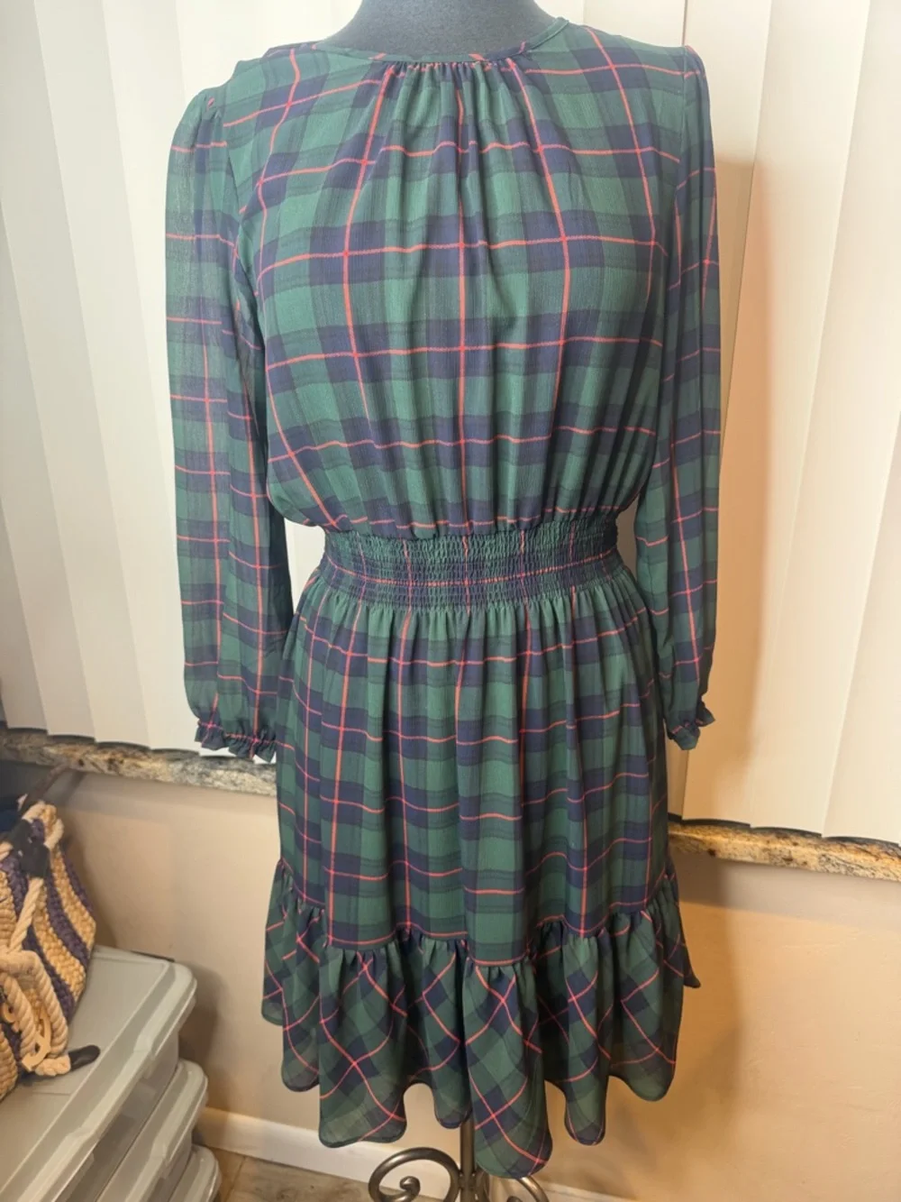 J. Crew Dark Green Plaid Long-Sleeve Smocked-Waist Dress Size Small